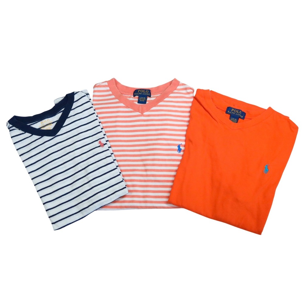 Polo Ralph Lauren T-Shirt Bundle Kids L 14-16 Orange Navy White Stripe Tee Lot 3